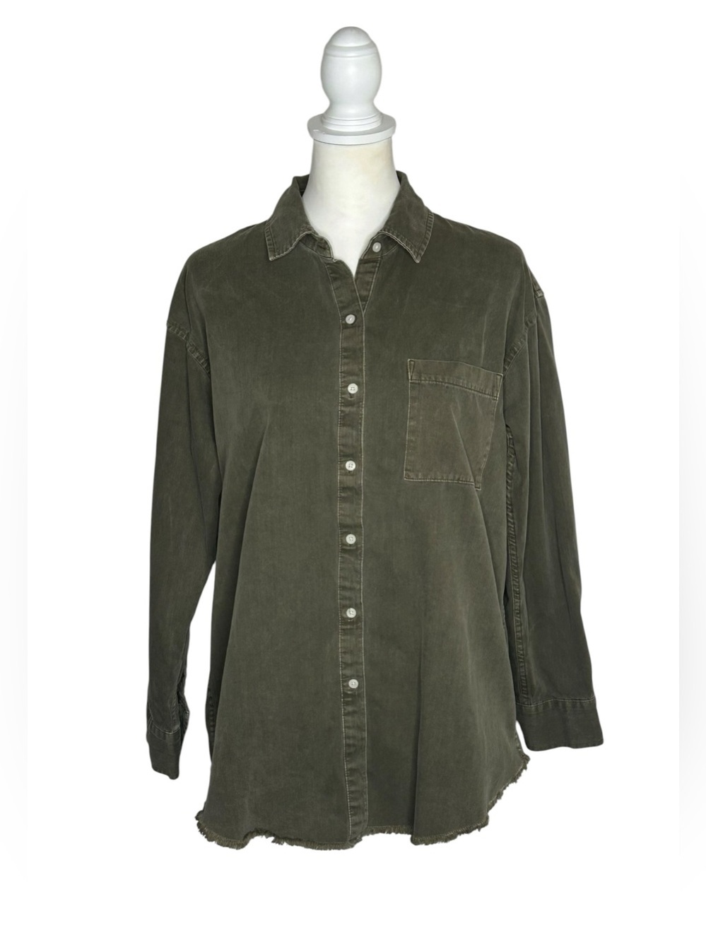 aerie Olive Button-Down Oversized Raw Hem Shirt EUC SzM Gorpcore Utilitarian